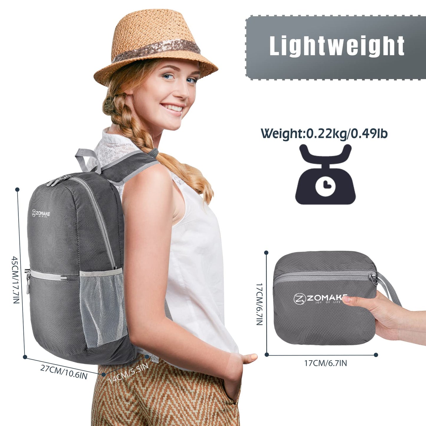 ZOMAKE Ultra Lightweight Hiking Backpack 20L - Packable Small Backpacks Water Resistant Daypack for Women Men(Black)