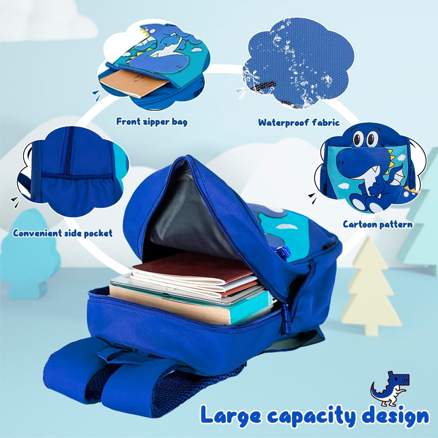 yisibo Dinosaur Hippo Kids Toddler Backpack for Boys Girls Lightweight Waterproof Preschool Travel Schoolbag for 2-7 Years