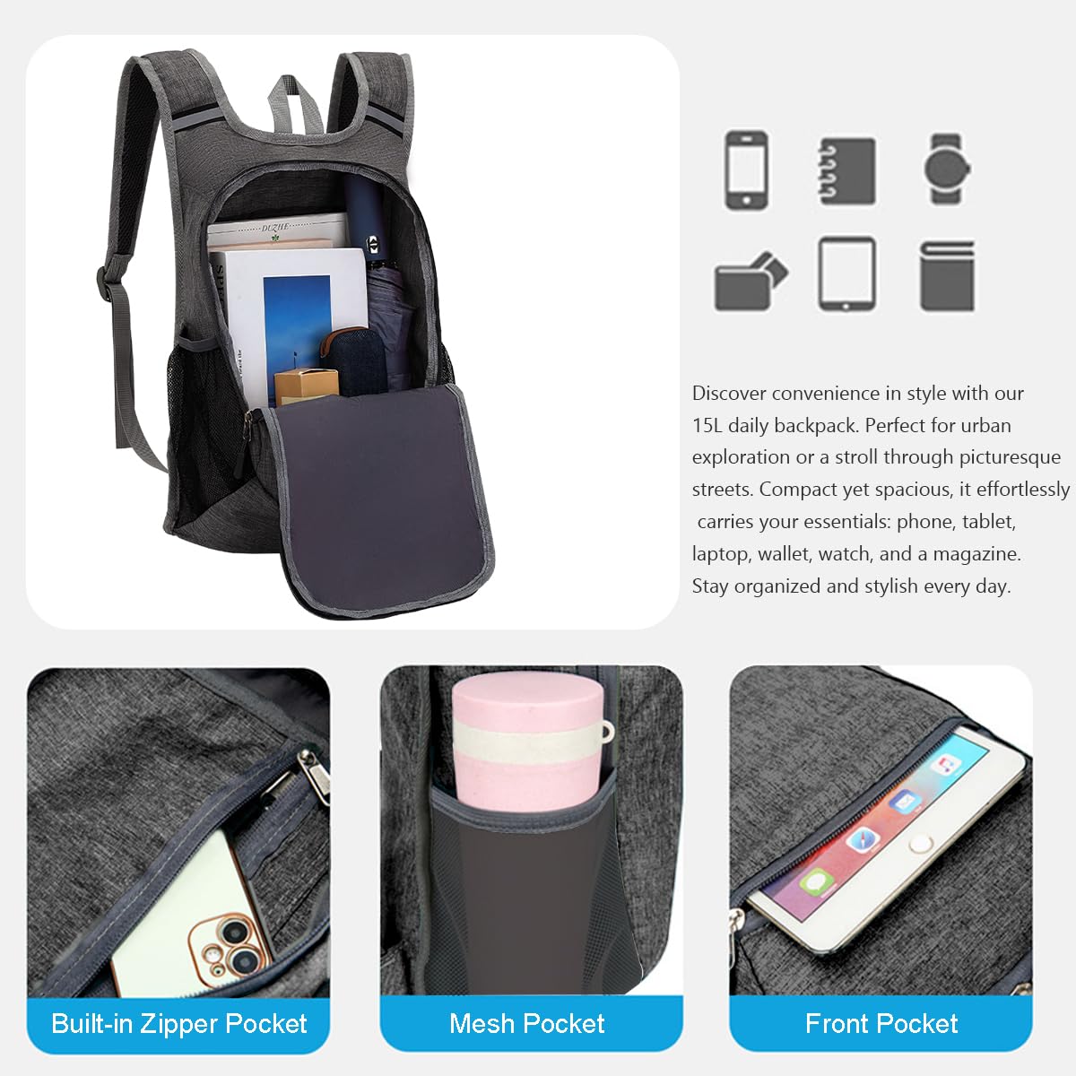 WEREWOLVES 15L Small Hiking Backpack, Travel Lightweight Foldable Packable Casual Outdoor Daypack