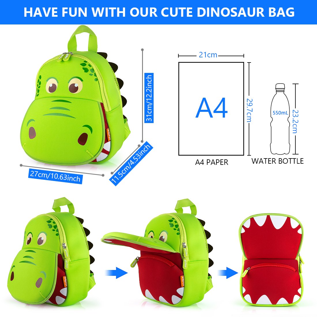 yisibo Dinosaur Hippo Kids Toddler Backpack for Boys Girls Lightweight Waterproof Preschool Travel Schoolbag for 2-7 Years