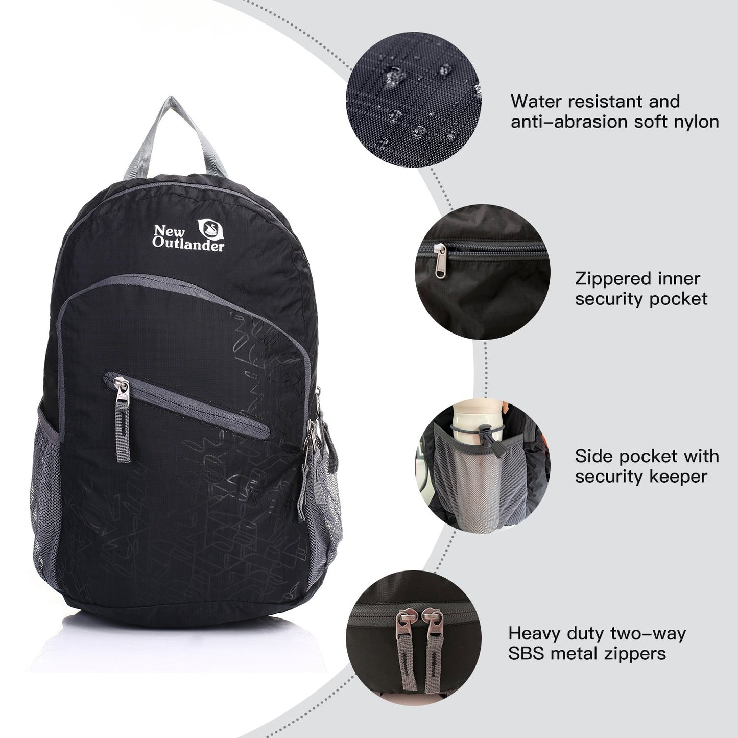 Outlander Packable Handy Lightweight Travel Hiking Backpack Daypack-Grey-L
