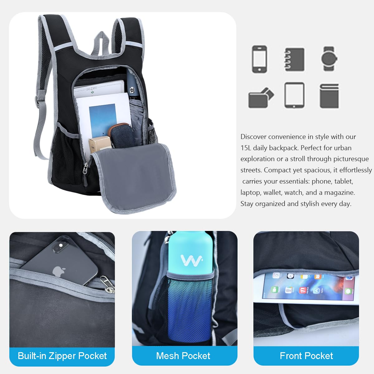 WEREWOLVES 15L Small Hiking Backpack, Travel Lightweight Foldable Packable Casual Outdoor Daypack