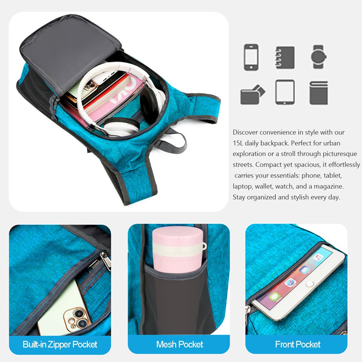 WEREWOLVES 15L Small Hiking Backpack, Travel Lightweight Foldable Packable Casual Outdoor Daypack