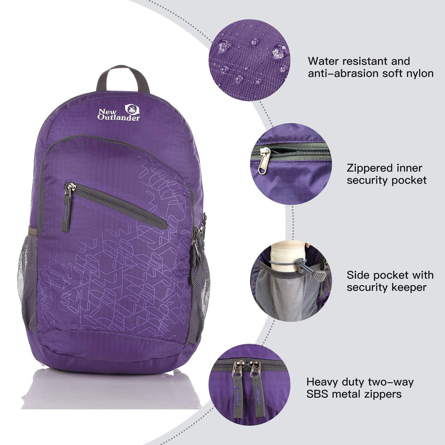 Outlander Packable Handy Lightweight Travel Hiking Backpack Daypack-Grey-L
