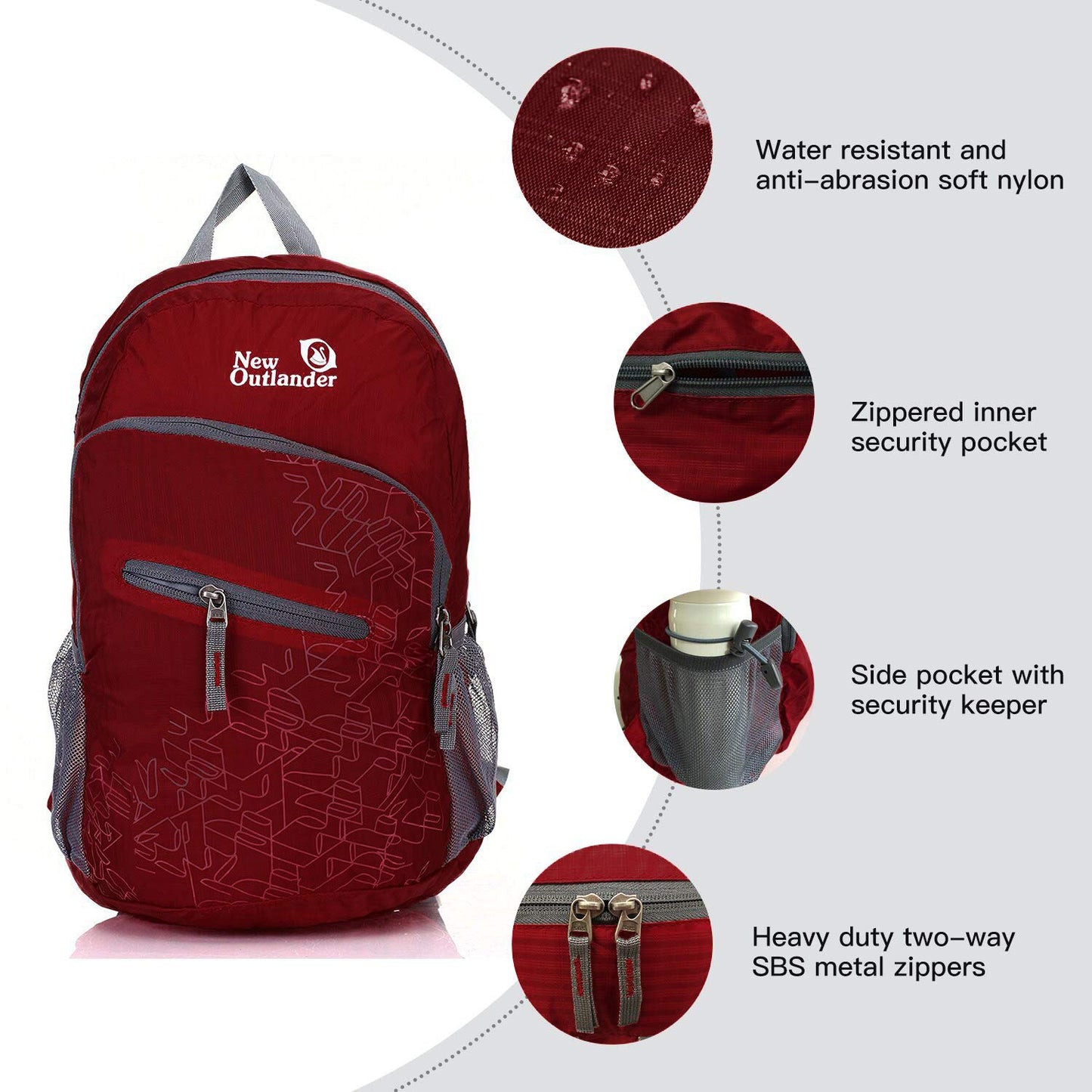 Outlander Packable Handy Lightweight Travel Hiking Backpack Daypack-Grey-L