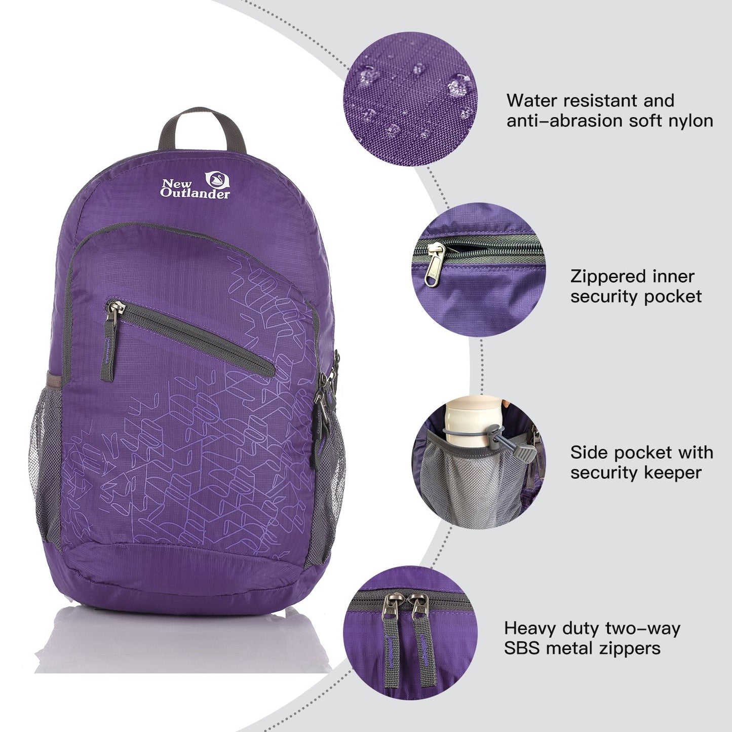 Outlander Packable Handy Lightweight Travel Hiking Backpack Daypack-Grey-L