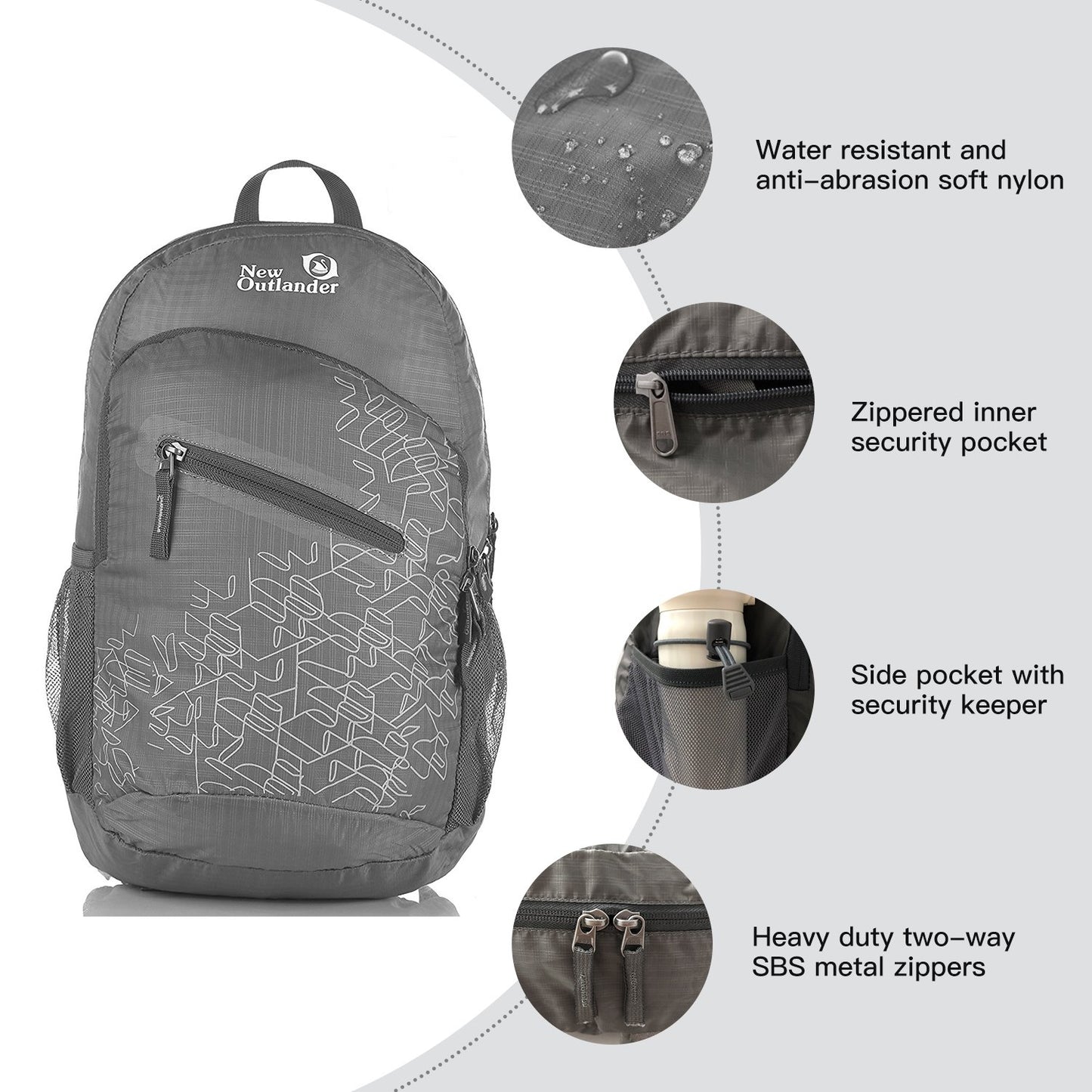 Outlander Packable Handy Lightweight Travel Hiking Backpack Daypack-Grey-L