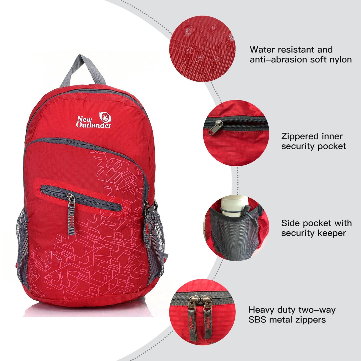 Outlander Packable Handy Lightweight Travel Hiking Backpack Daypack-Grey-L