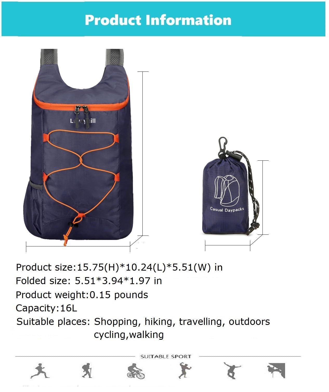 16L Hiking-Daypack Lightweight-Foldable Travel-Backpack Water-Resistant Camping Outdoor Packable Easy Carry-on Bag (Dark Blue)