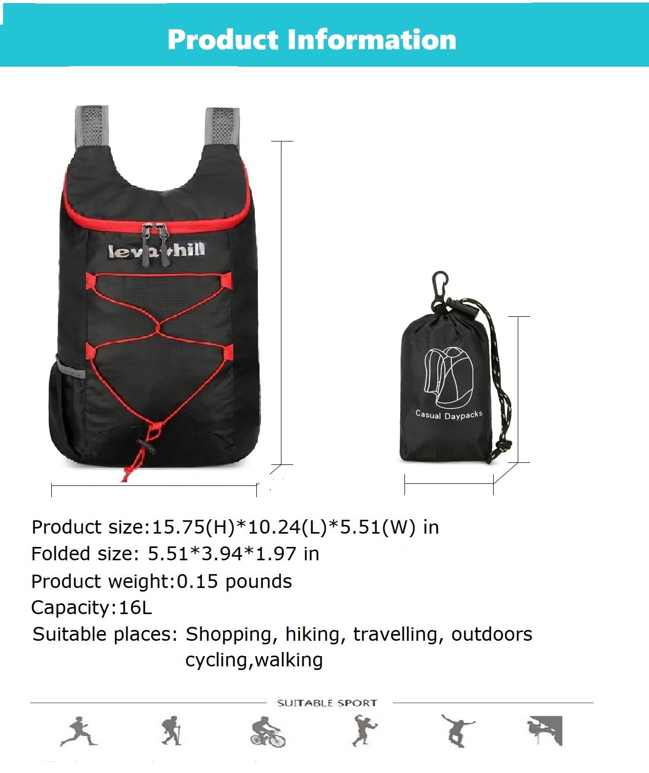 16L Hiking-Daypack Lightweight-Foldable Travel-Backpack Water-Resistant Camping Outdoor Packable Easy Carry-on Bag (Dark Blue)