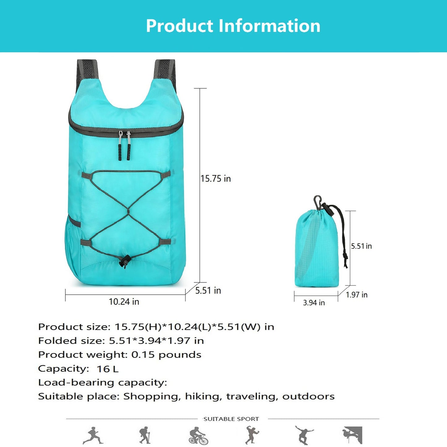16L Hiking-Daypack Lightweight-Foldable Travel-Backpack Water-Resistant Camping Outdoor Packable Easy Carry-on Bag (Dark Blue)