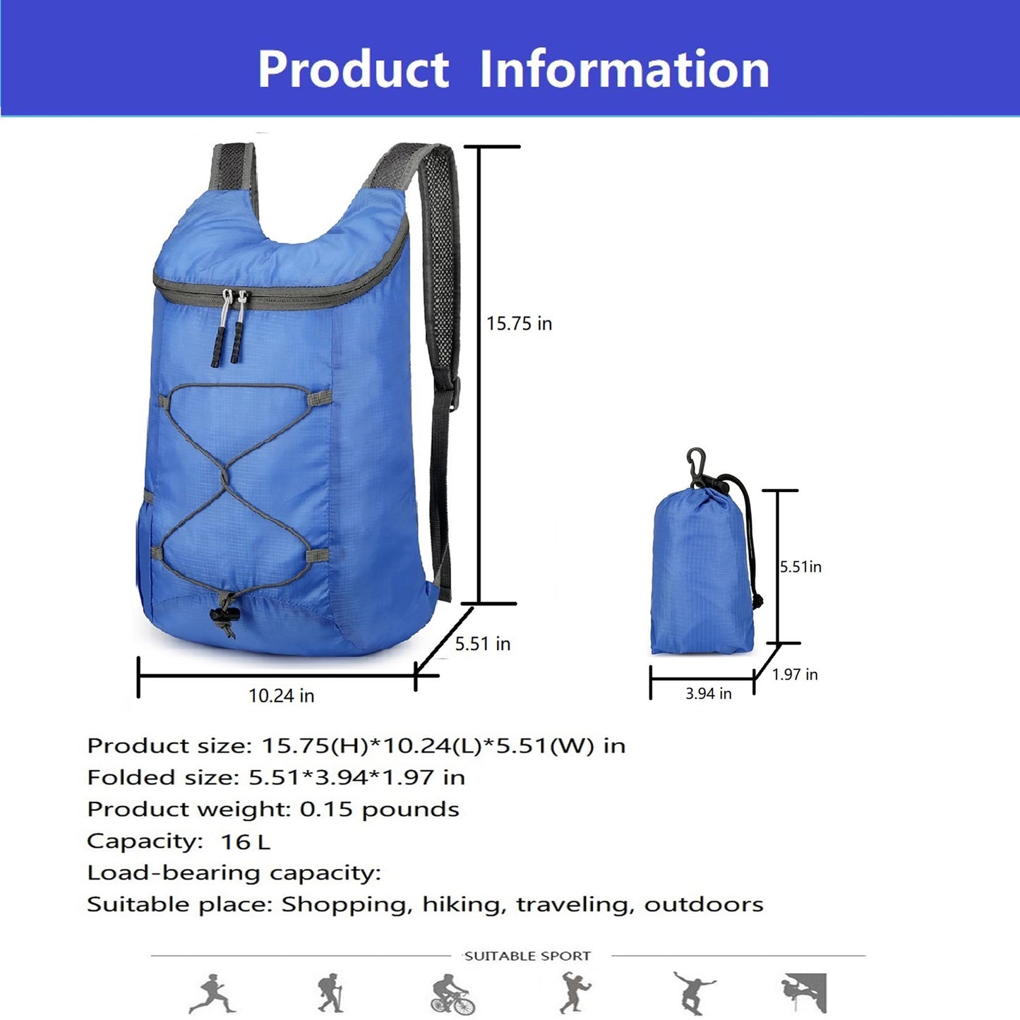 16L Hiking-Daypack Lightweight-Foldable Travel-Backpack Water-Resistant Camping Outdoor Packable Easy Carry-on Bag (Dark Blue)