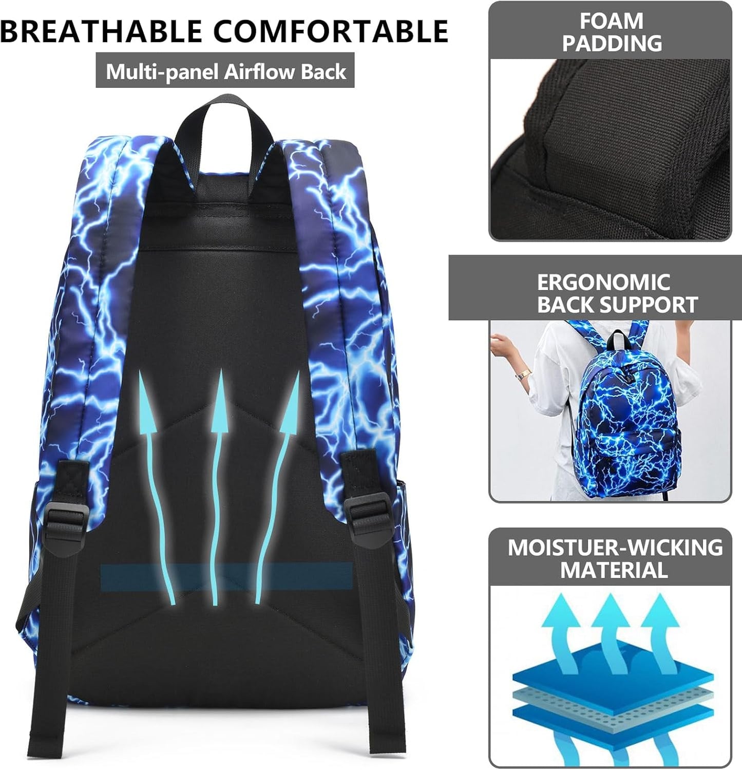 School Backpack for Boys Lightweight Kids Backpack Lightning Bookbag Travel Daypack Water Resistant Laptop Backpack With Lunch Bag Pencil Case