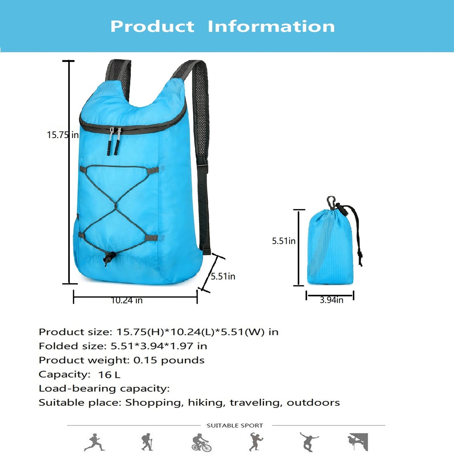 16L Hiking-Daypack Lightweight-Foldable Travel-Backpack Water-Resistant Camping Outdoor Packable Easy Carry-on Bag (Dark Blue)