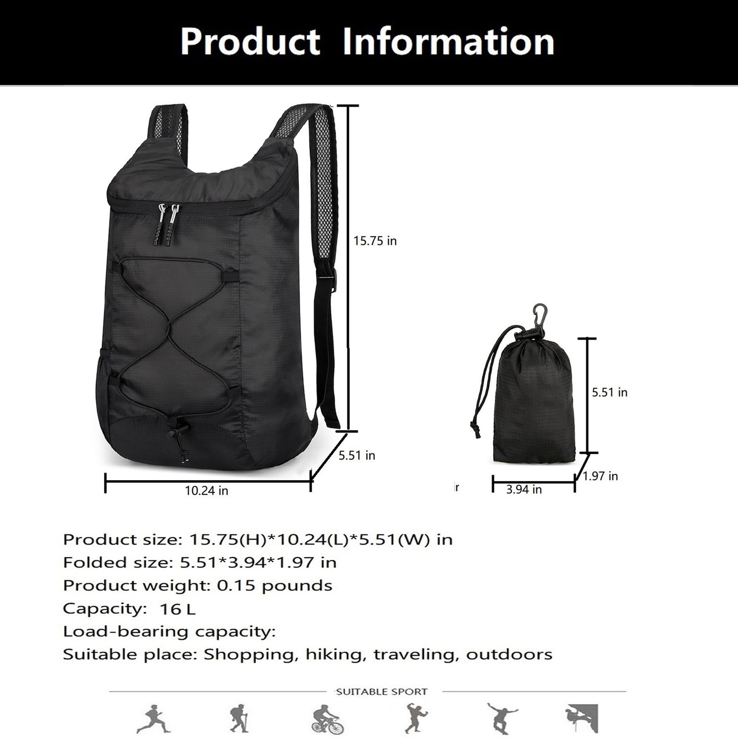 16L Hiking-Daypack Lightweight-Foldable Travel-Backpack Water-Resistant Camping Outdoor Packable Easy Carry-on Bag (Dark Blue)